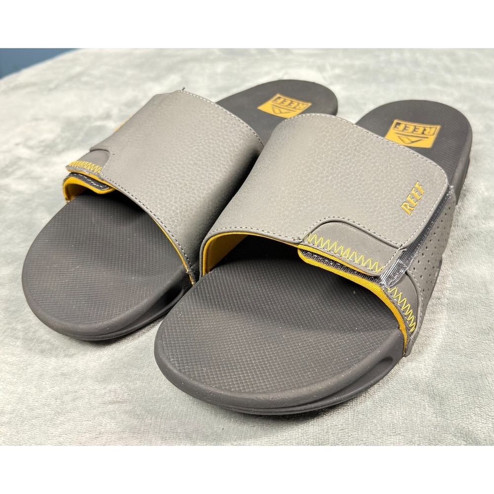 Reef Fanning Slide Sandals Mens 12 Gray Yellow Bottle Opener Slides